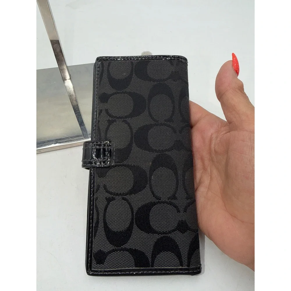 Coach Signature Jacquard Slim Bifold Wallet Black Patent Trim Snap Closure